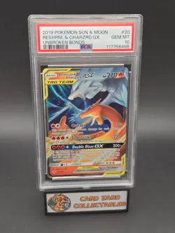 2019 POKEMON SUN & MOON UNBROKEN BONDS #20 RESHIRAM & CHARIZARD GX PSA 10 - Image 1