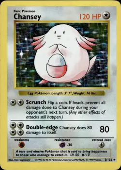 Chansey 3 Base Set Shadowless English Pokemon Card B1 MP - Image 1