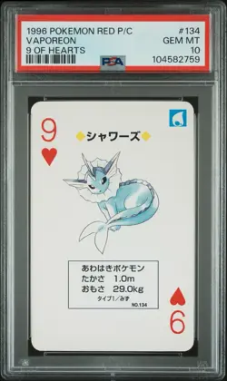 PSA 10 1996 POKEMON RED VERSION PLAYING CARDS 134 VAPOREON 9 OF HEARTS - Image 1
