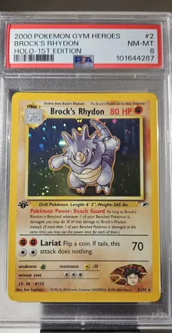 2000 Pokemon GYM HEROES BROCK'S RHYDON HOLO 1ST EDITION # 2 GRADED PSA- 8 SWIRLE - Image 3