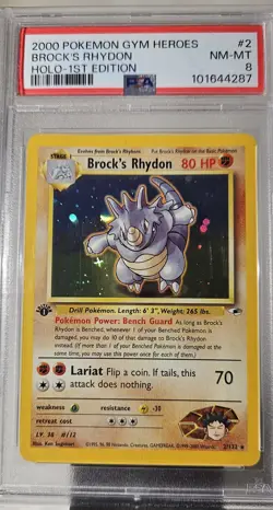2000 Pokemon GYM HEROES BROCK'S RHYDON HOLO 1ST EDITION # 2 GRADED PSA- 8 SWIRLE - Image 4