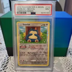 2019 POKEMON SUN & MOON UNBROKEN BONDS #158 SNORLAX-REVFOIL UNBROKEN BONDS PSA 9 - Image 1