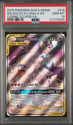Pokemon Solgaleo & Lunala GX Cosmic Eclipse Full Art #216 PSA 10 Gem Mint - Image 1