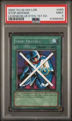 PSA 9 YuGiOh Stop Defense 1st Edition LOB-095 Rare MINT Legend Blue Eyes White - Image 1