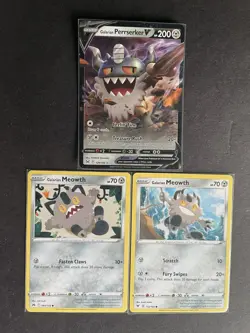 Galarian Perrserker V + Galarian Meowth (x2) 3-card mixed Pokemon lot - PWE - Image 1