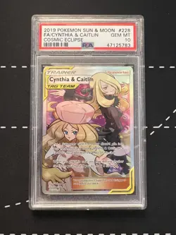 2019 POKEMON SUN & MOON COSMIC ECLIPSE #228 FULL ART/CYNTHIA & CAITLIN PSA 10 - Image 1