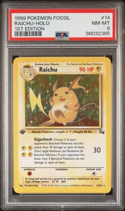 Pokemon Raichu 14/62 PSA 8 NM-MT Fossil 1st Edition Holo Rare 1999 WOTC - Image 1