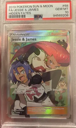 2019 Pokemon Sun Moon Hidden Fates Jessie & James Full Art #68/68 PSA 10 - Image 1
