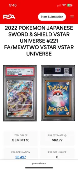 2022 Pokemon Japanese Swsh Fa/Mewtwo Vstar #221/172 Vstar Universe PSA 10 GEM MT - Image 2