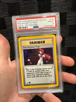 PSA 9 Pokemon Gym Heroes 1st Edition Rare Holo: The Rocket's Trap 19/132 - Image 1