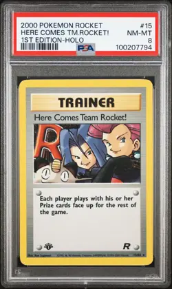 PSA 8 Here Comes Team Rocket! Holo #15 Rocket 1st Edition Pokemon Card 2000 - Image 1