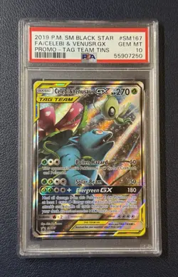 2019 Pokemon Celebi & Venusaur GX SM167 Tag Team Alternate Art Holo Promo PSA 10 - Image 1