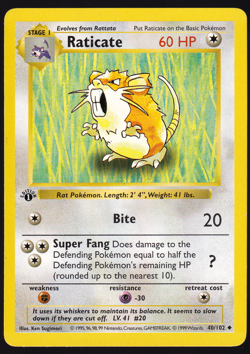 Raticate 1st Edition Shadowless 40/102 Base Set Pokemon TCG Card 1999 LP - Image 1