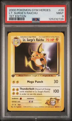 2000 Pokemon Gym Heroes 1st Edition /132 Lt. Surge's Raichu 28 Rare PSA 9 - Image 1