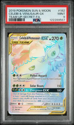 2019 POKEMON SUN & MOON TEAM UP SECRET #182 FULL ART/CELEBI & VENUSAUR GX PSA 9 - Image 1