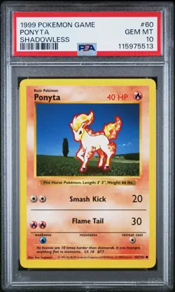 1999 POKEMON GAME SHADOWLESS #60 PONYTA PSA 10 - Image 1