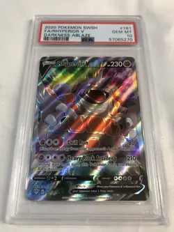 2020 POKEMON SWSH #181 RHYPERIOR V DARKNESS ABLAZE FULL ART HOLO GEM MINT PSA 10 - Image 1