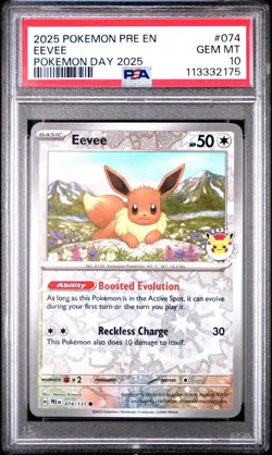 2025 POKEMON PRE EN-PRISMATIC EVOLUTIONS POKEMON DAY 2025 #074 EEVEE PSA 10 - Image 1