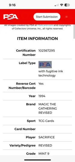 SACRIFICE Revised Edition 1994 Magic The Gathering (MTG) PSA 9 MINT 🔥Iconic!🔥 - Image 4