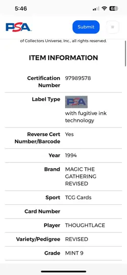 THOUGHTLACE Revised Edition 1994 Magic The Gathering (MTG) PSA 9 MINT 🔥Rare🔥 - Image 4