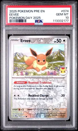 2025 POKEMON PRE EN-PRISMATIC EVOLUTIONS POKEMON DAY 2025 #074 EEVEE PSA 10 - Image 1