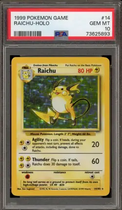 Pokemon Raichu Base Set Unlimited Holo Rare #14 PSA 10 Gem Mint - Image 1