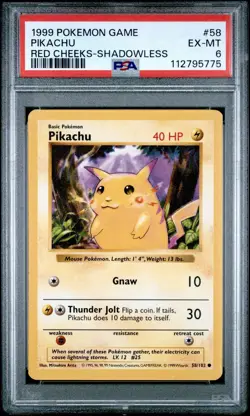 PSA 6 EX-MT Pikachu (Red Cheeks) 058/102 Base Set (Shadowless) Pokemon 1999 - Image 1