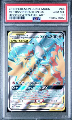 2019 POKEMON SUN & MOON HIDDEN FATES 66 MOLTRES & ZAPDOS & ARTICUNO GX PSA 10 - Image 1