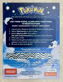 Shiny Miraidon Koraidon Code GameStop Pokemon Promo Not Scratched PM + Physical - Image 2