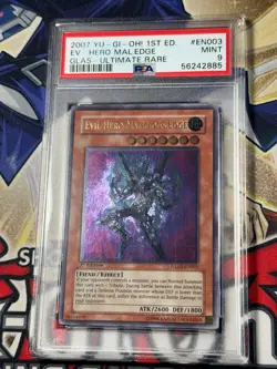 Yugioh PSA 9 Evil Hero Malicious Edge GLAS-EN003 1st Edition Ultimate Rare - Image 1