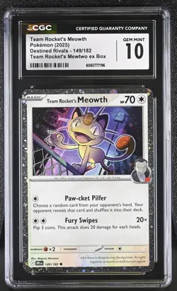 CGC 10 Team Rocket's Meowth 149/182 Holo Promo Destined Rivals Pokemon Card - Image 1