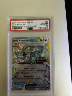 2025 Pokemon Prismatic Evolution #023 Vaporeon Ex PSA 10 Surprise Box Stamped - Image 1