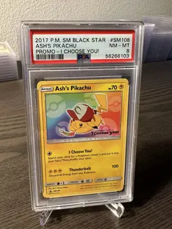 PSA 8 Mint Ash’s Pikachu SM108 Black Star Promo Sun & Moon Pokemon Card TCG - Image 1