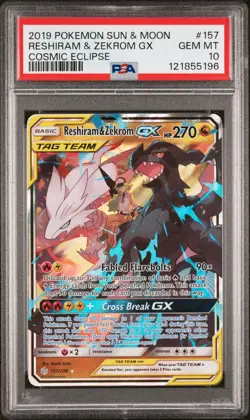 Pokemon Reshiram & Zekrom GX 157/236 Cosmic Eclipse 157 Tag Team GEM MINT PSA 10 - Image 1