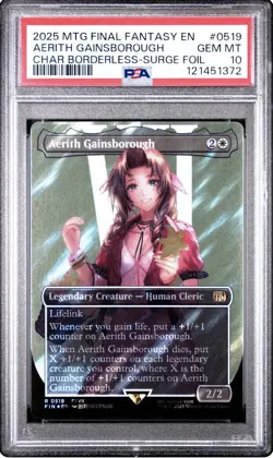 2025 MTG FINAL FANTASY BORDERLESS-SURGE FOIL AERITH GAINSBOROUGH PSA 10 - Image 1