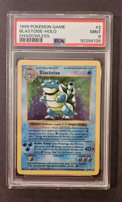 1999 Pokemon Base Set Shadowless #2 Blastoise Holo Card PSA 9 - Image 1