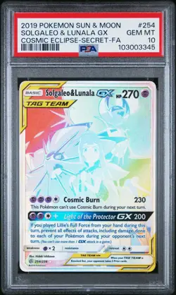 2019 POKEMON SUN & MOON COSMIC ECLIPSE 254 FULL ART/SOLGALEO & LUNALA GX PSA 10 - Image 1