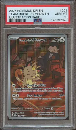 2025 POKEMON DESTINED RIVALS ILLUSTRATION RARE #203 TEAM ROCKET'S MEOWTH PSA 10 - Image 1