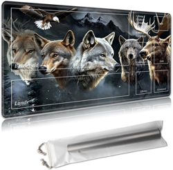 MTG Playmat with Zones - Wolf Bear Eagle Design, 24x14, Non-Slip Base - Image 1