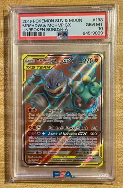 2019 POKEMON SUN & MOON UNBROKEN BONDS #198 FA/MARSHADOW & MACHAMP GX PSA 10 - Image 1