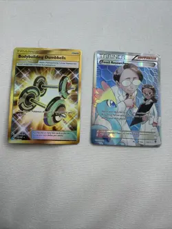 Pokemon Bodybuilding Dumbbells and Fossil Researcher Trainer Cards 2 Card Bundle - Image 1
