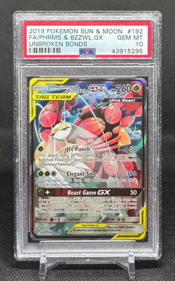 PSA 10 GEM MINT Pheromosa & Buzzwole GX 192/214 Unbroken Bonds Holo Pokemon Card - Image 1
