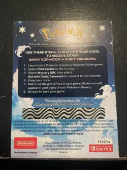 Shiny Koraidon Or Shiny Miraidon Code Card - GameStop - Code Has Not Been Used - Image 2