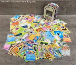 2LB Lot of Mixed Pokemon Cards TCG CCG in Metal Box Includes Holographic JPN Etc - Image 1