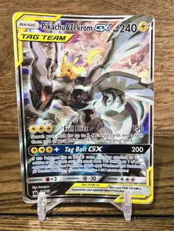 Pokemon Card Tag Pikachu & Zekrom GX SM168 Black Star Promo Full Art Holo HP DMG - Image 1