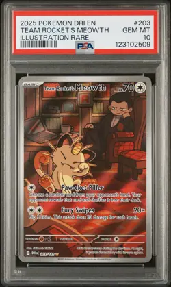 2025 POKEMON DESTINED RIVALS ILLUSTRATION RARE #203 TEAM ROCKET'S MEOWTH PSA 10 - Image 1