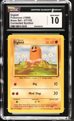 CGC 10 GEM MINT Diglett 1999 Base Set 47/102 Corrected Symbol Pokemon Card - Image 1