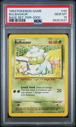 PSA 10 Bulbasaur 44/102 Base Set 1999-2000 Pokemon Card - Image 1