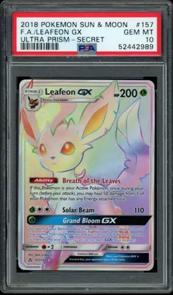 PSA 10 GEM MINT Leafeon GX 157/156 Ultra Prism Secret Rare Holo Pokemon Card - Image 1