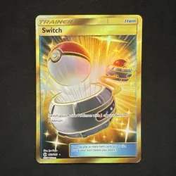 Switch Secret Gold Trainer Item 160/149 Sun & Moon Base Set Holo Pokemon - Image 1